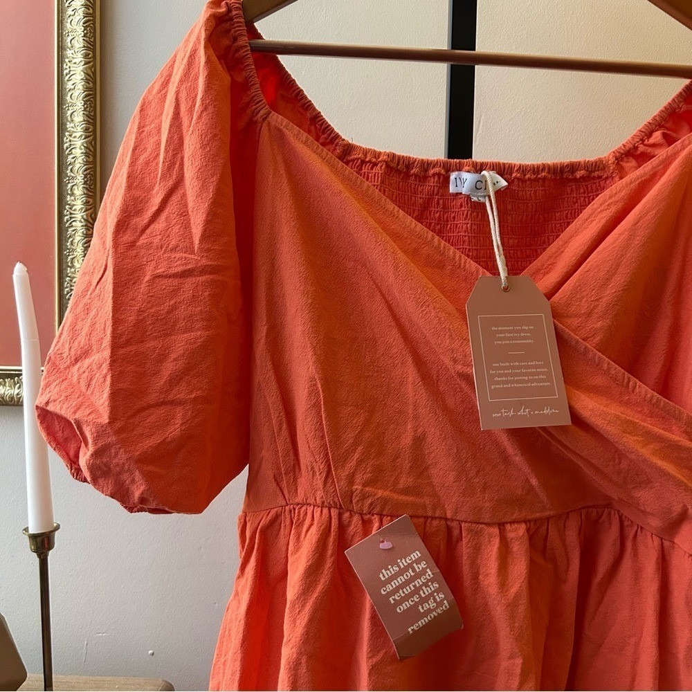 Ivy City Co. Sage Dress Puff Sleeve Mini Smocked Pockets Coral Orange NWT Size L - Picture 3 of 7